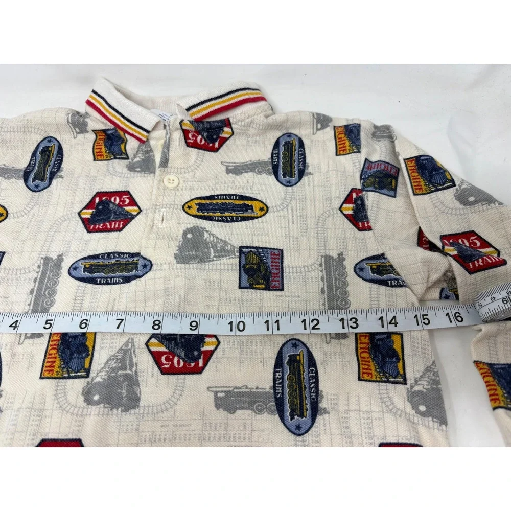 Vintage OshKosh B'gosh Boys Size 7 Train Print Long Sleeve Polo Shirt Cream 90s